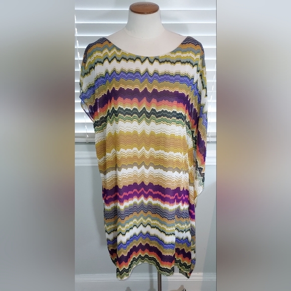 Vince Camuto Multi Color Wave Print One Short Slv One Drape Slv Dress Pre-owned - Picture 2 of 8